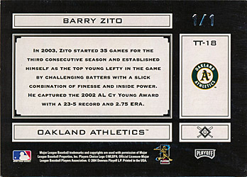 Barry Zito 2003 Playoff Prestige Player Collection 3-COLORS JERSEY