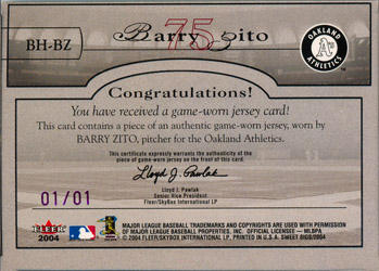  Barry Zito player worn jersey patch baseball card