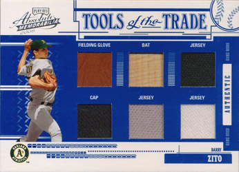 Barry Zito, Tim Hudson & Jason Giambi player worn jersey patch baseball  card (Oakland Athletics) 2001 Upper Deck Winning Materials #GZH