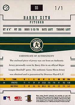 2005 DONRUSS ZENITH BARRY ZITO JERSEY /150 at 's Sports